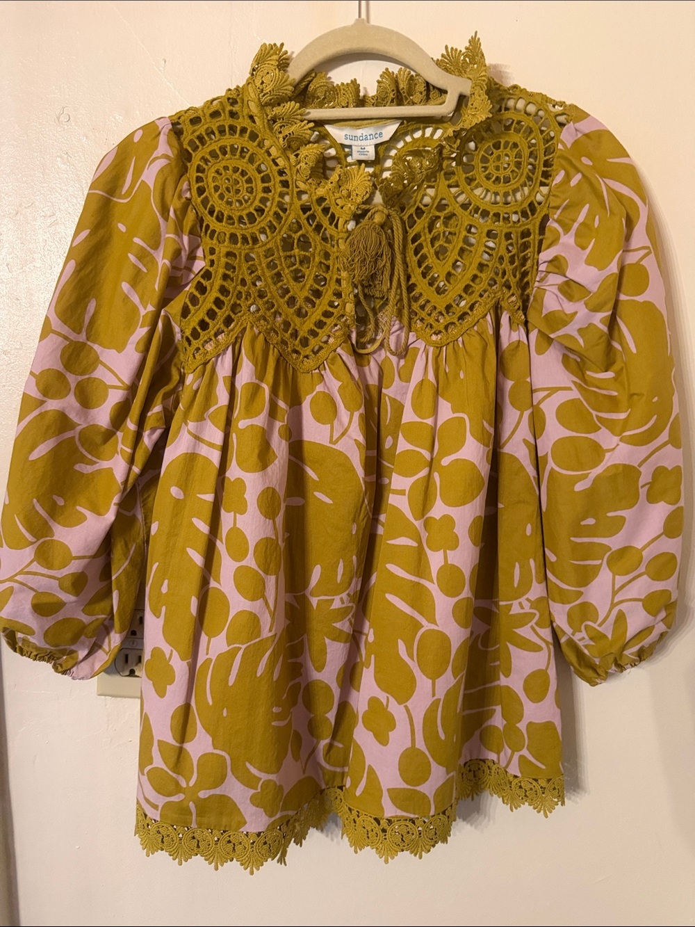 Sundance Pink and Mustard Floral Crochet Collar Top